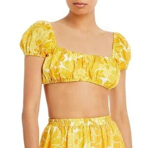 NWT Faithful the Brand Floral Print Square Neck Puff Sleeve Cropped Linen Top